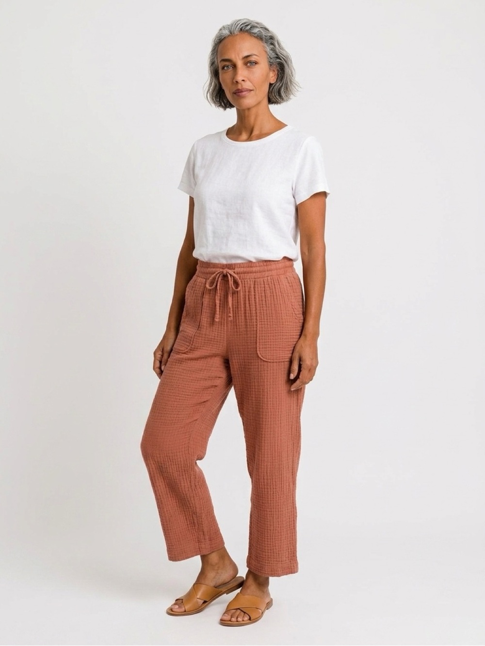 Robert Louis Terracotta Gauze Wide Leg Crop Pants Womens L Drawstring